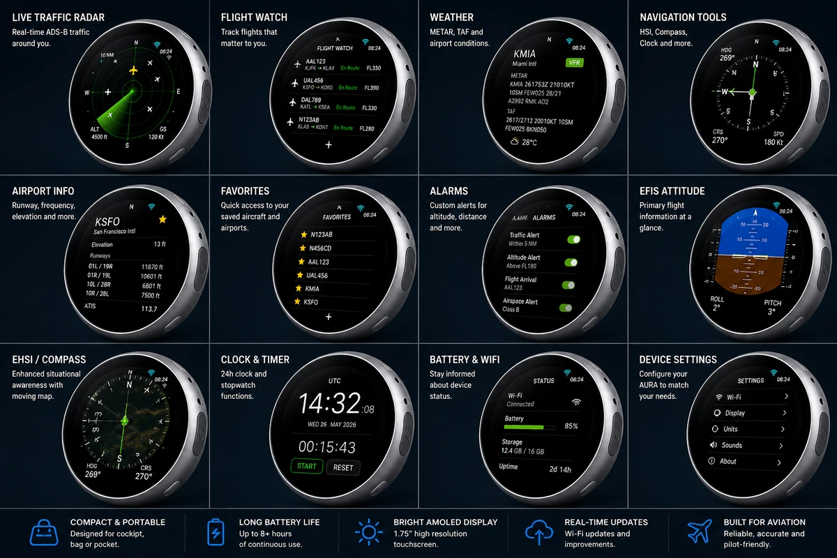 AURA showing all aviation interfaces including Flight Watch, Weather, Airport Info, Favorites and Alarms