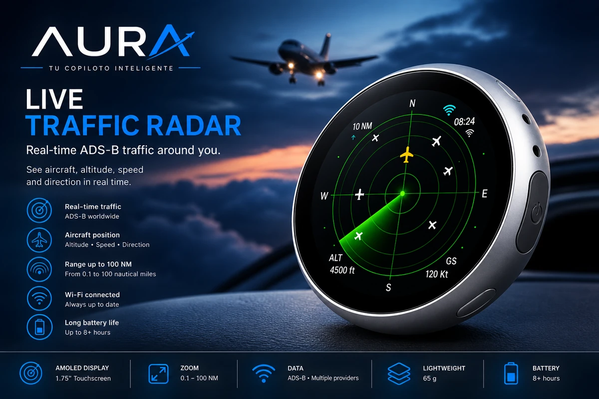 AURA Live Traffic Radar showing real-time ADS-B traffic